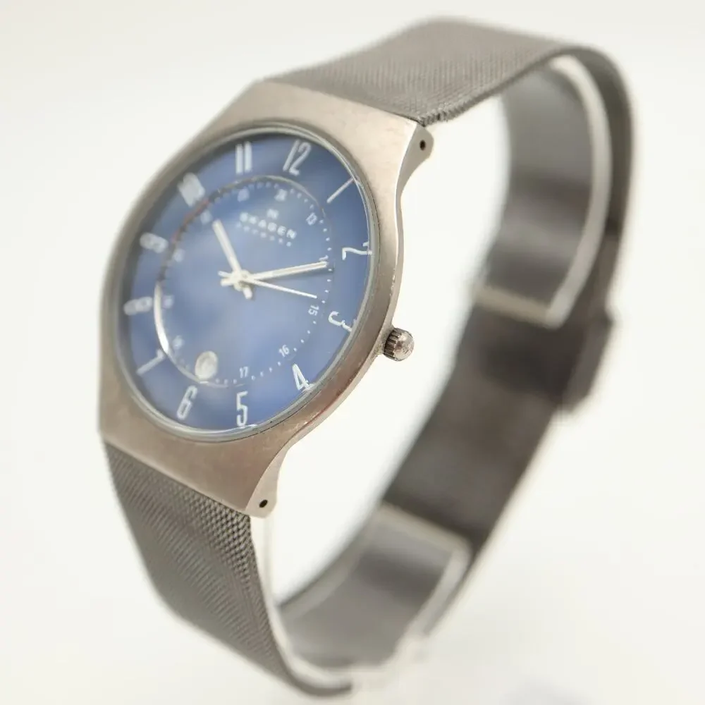 Skagen Titanium Mens Deep Blue 37mm Date Watch Slim Dress Mesh w New Battery